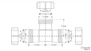 Preview: Technische Zeichnung eines T-Stücks Ø32 mm mit 3 Überwurfmuttern und Dichtungen für Rohrverbindungen